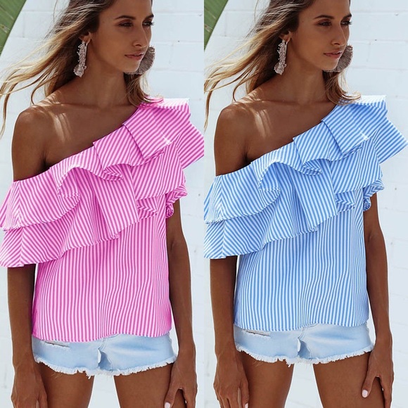 LEA JAMES FASHIONS Tops - JUST IN BLUE,💙STRIPED DOUBLE RUFFLE TOP SML💙